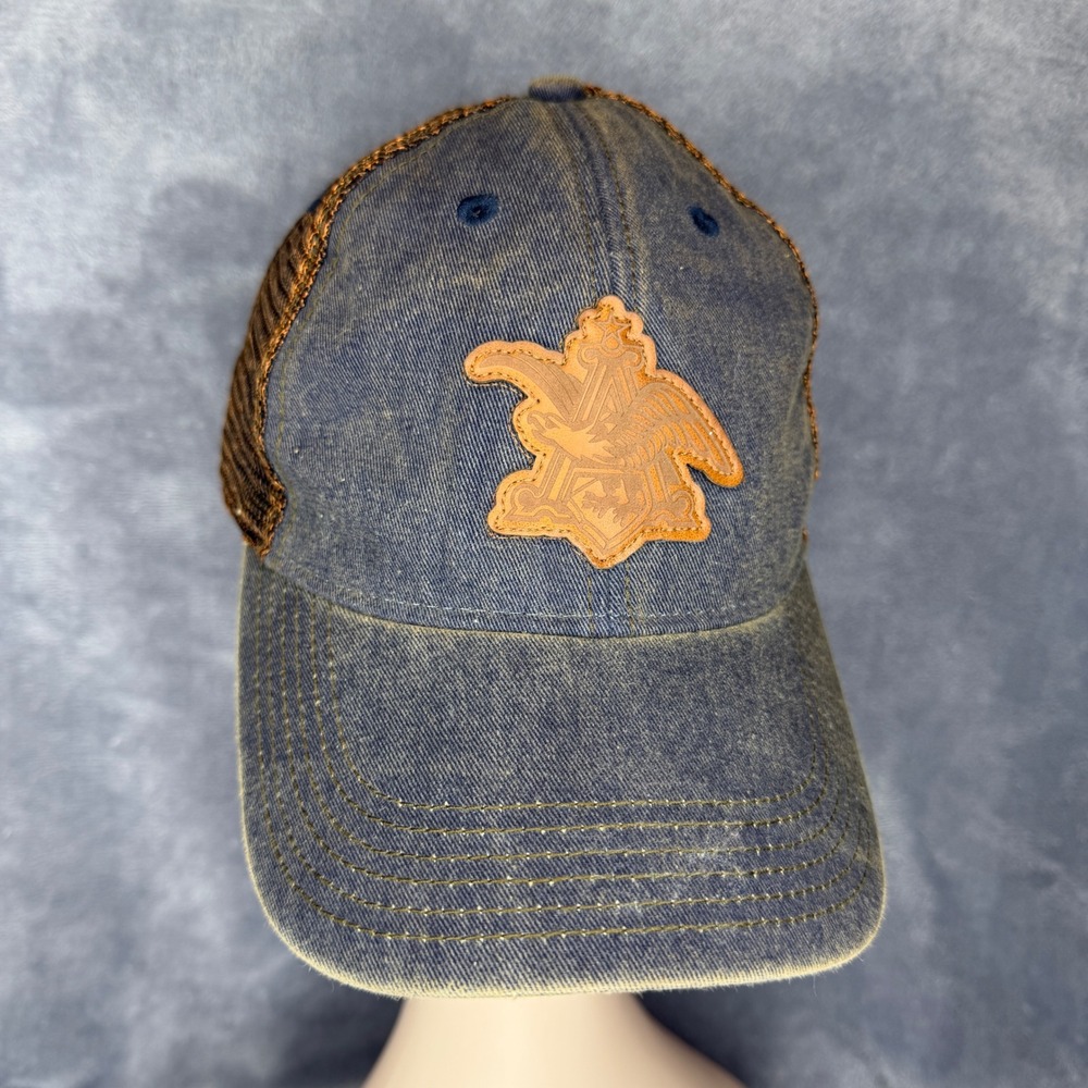 Legacy Trucker Hat Mens OSFA Blue Denim Distressed Leather‎ Eagle Patch Snapback